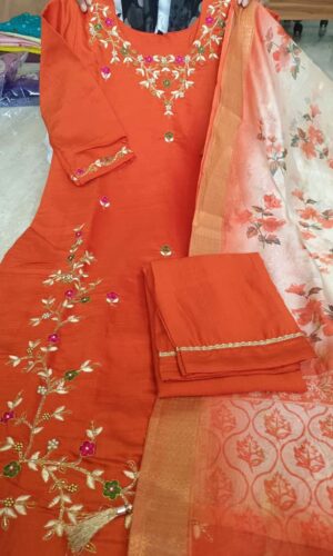 Vibrant Orange Embroidered Festive Suit Set (1)