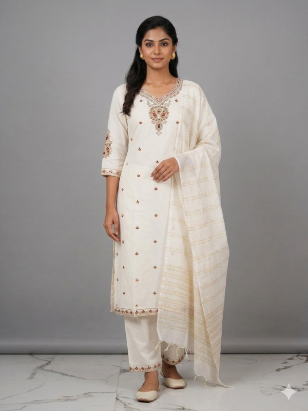 Ivory Cream Chanderi Kurta Set with Intricate Kashmiri-Style Neck Embroidery