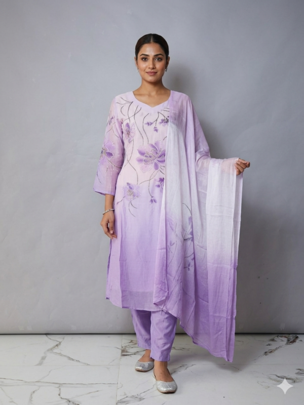 Lilac Lavender Ombre Kurta Set with Hand-Painted Shimmering Floral Art