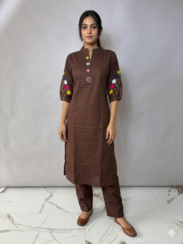 Chocolate Brown Chinese Collar Kurta Set with Colorful Mirror-Work Accents