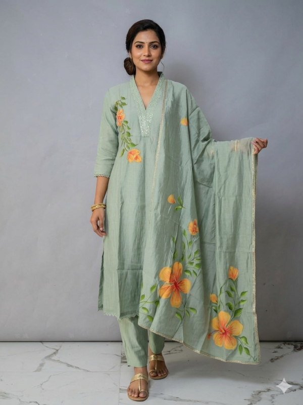 Sage Green Chanderi Kurta Set with Hand-Painted Floral Vines & Sequin V-Neck