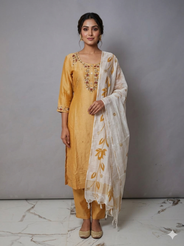 Mustard Gold Chanderi Kurta Set with Intricate Zardosi & Pearl Neck Embroidery