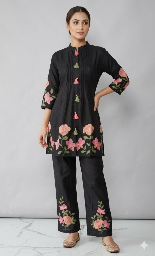 Onyx Black Pintuck Short Kurta Co-Ord Set with Pastel Floral Embroidery