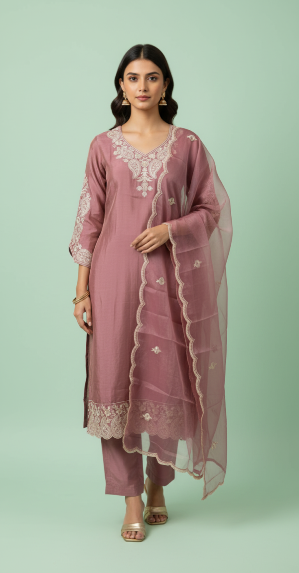Mauve Tissue Metallic Kurta Set with Zari Scalloped Dupatta