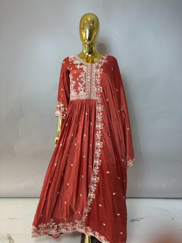 Rust Maroon Embroidered Anarkali Set