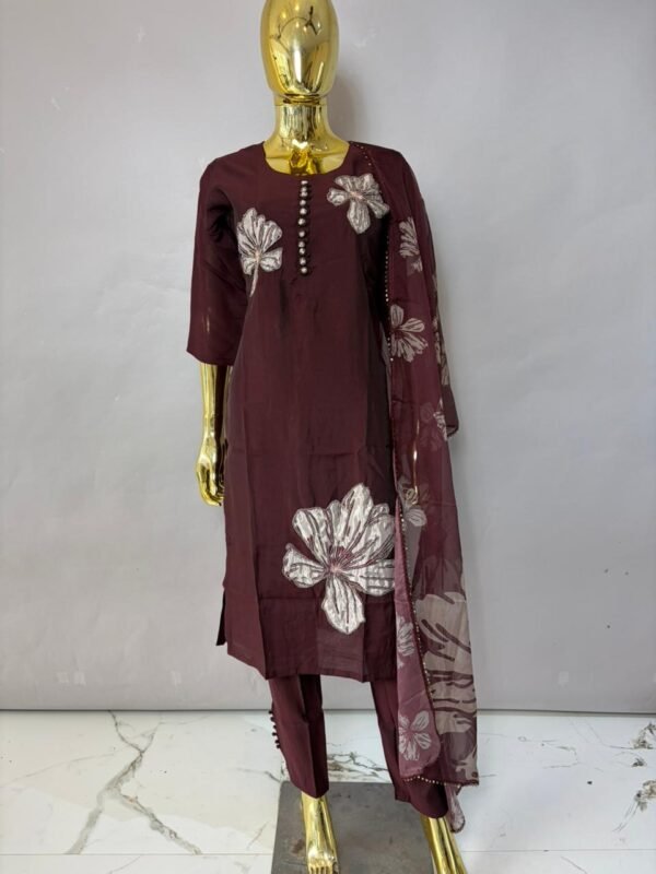 Deep Wine Floral Applique Kurta Set with Dupatta
