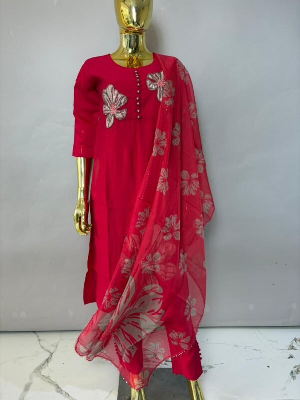 Rani Pink Floral Applique Kurta Set with Dupatta