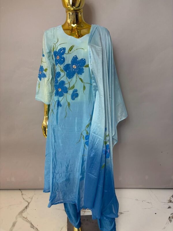 Sky to Royal Blue Ombre Hand-Painted Kurta Set with Dupatta