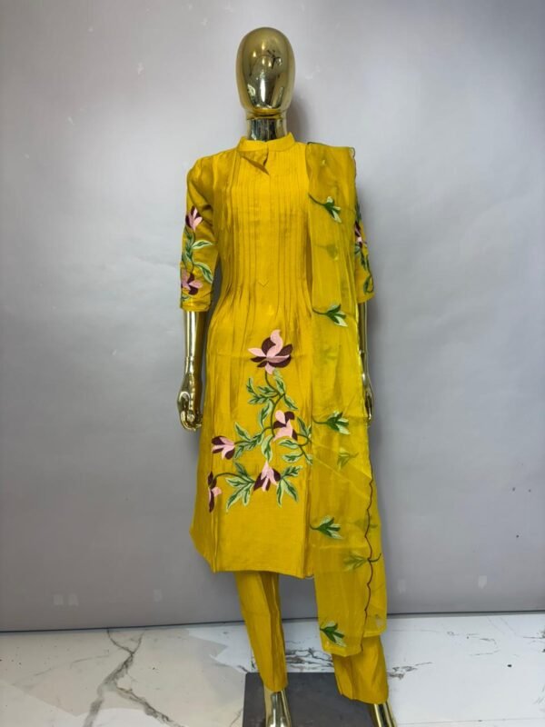 Mustard Yellow Pintuck Kurta Set with Embroidered Organza Dupatta
