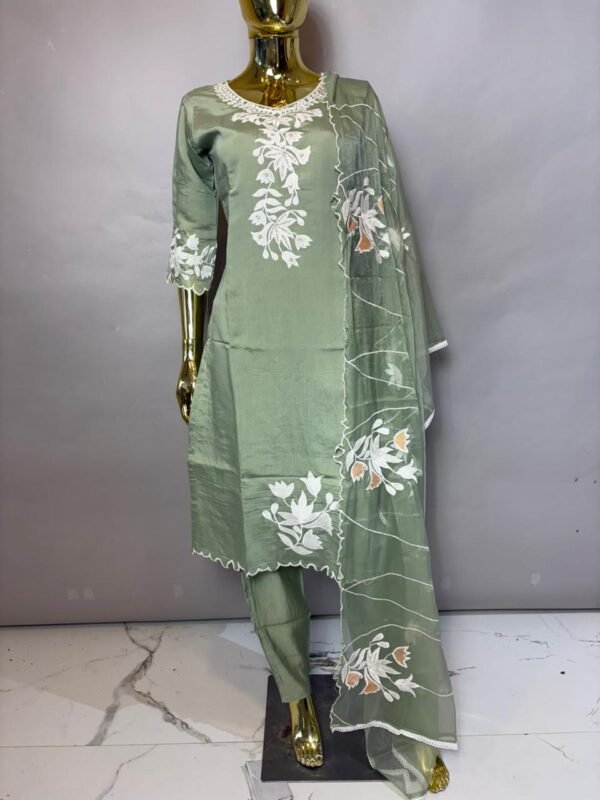 Sage Green Cutwork Embroidery Kurta Set with Organza Dupatta