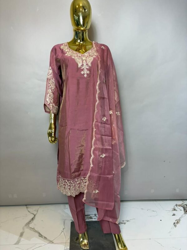 Mauve Tissue Metallic Kurta Set with Zari Scalloped Dupatta