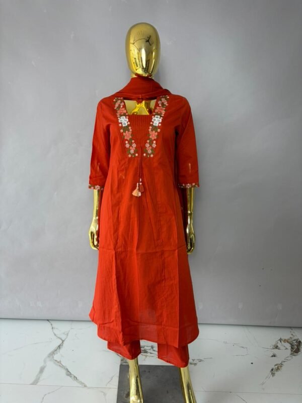 Rust Orange Floral Embroidered A-Line Kurta Set with Dupatta