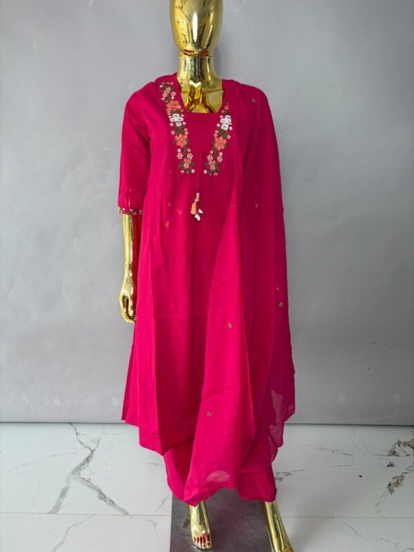 Hot Pink Floral Embroidered A-Line Kurta Set with Tassels