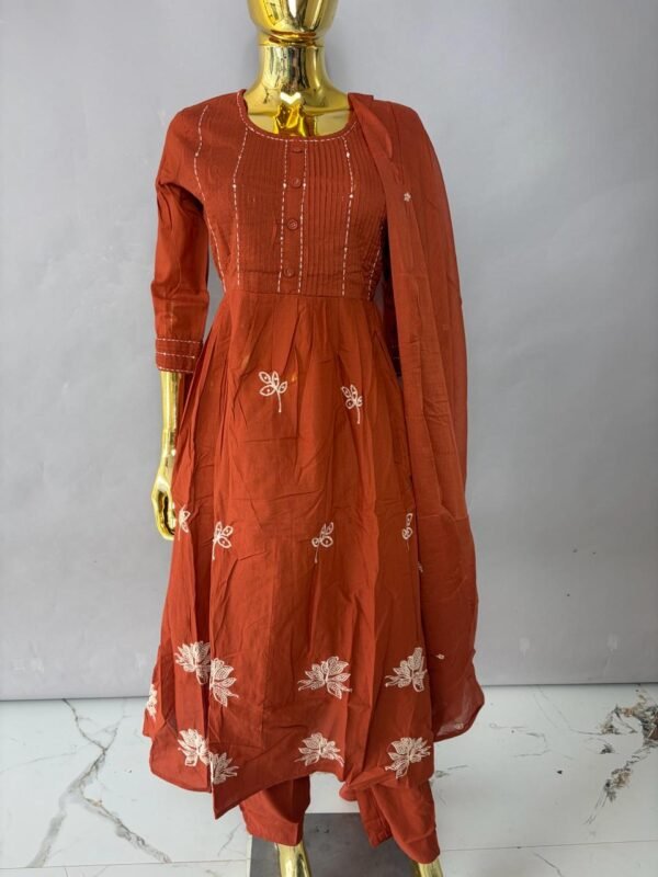 Terracotta Rust Pintuck Anarkali Kurta Set with White Floral Motif Embroidery