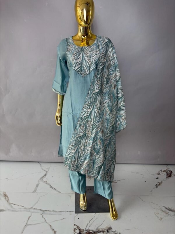 Teal Blue Printed V-Yoke Kurta Set with Coordinated Dupatta