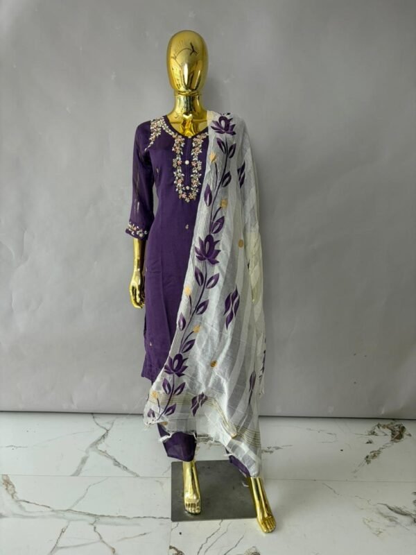 Deep Purple Pearl & Zardosi Embroidered Kurta Set with Kota Doria Dupatta
