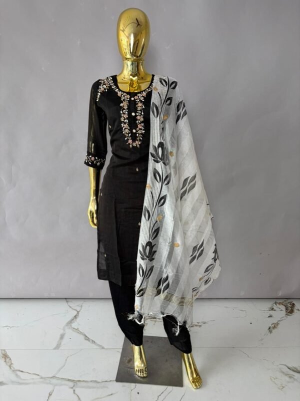 Jet Black Pearl & Zardosi Hand-Embroidered Kurta Set with Kota Doria Dupatta