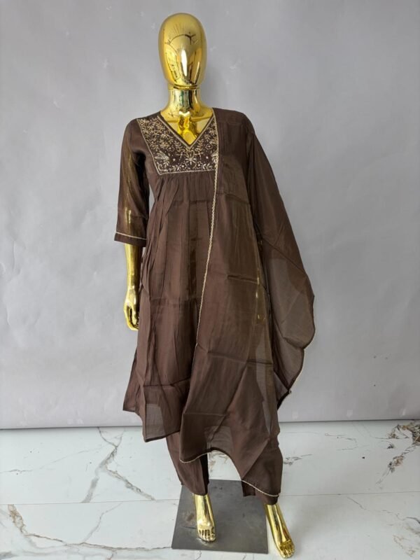 Dark Cocoa Brown Tissue-Silk Flare Kurta Set with Zari Embroidered Yoke
