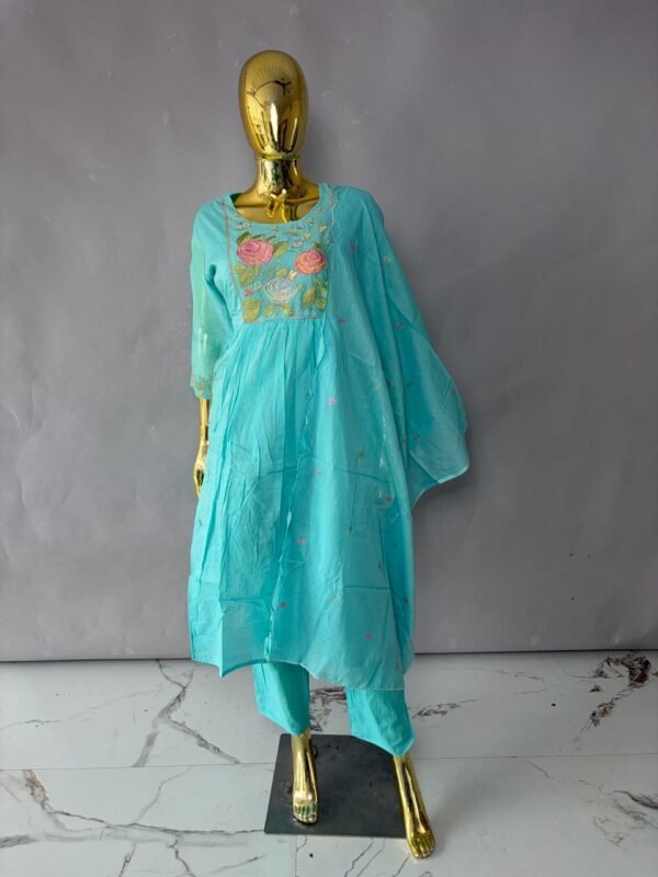 Turquoise Blue Flared Chanderi Kurta Set with Floral Embroidered Yoke & Pockets