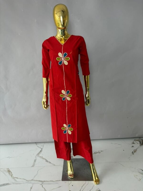 Crimson Red Straight Kurta Set with Patchwork Floral Motifs & Wide Palazzo Pants