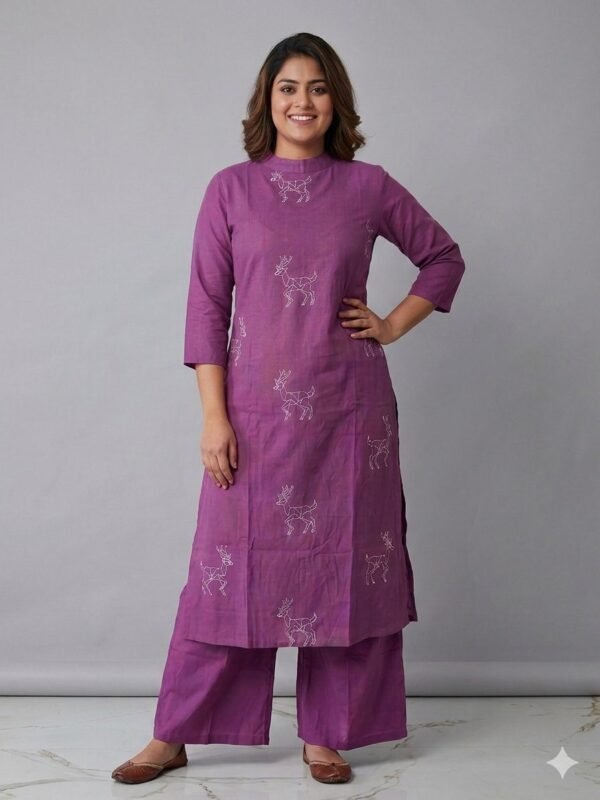 Magenta Purple High-Neck Kurta Set with Geometric Origami Deer Embroidery