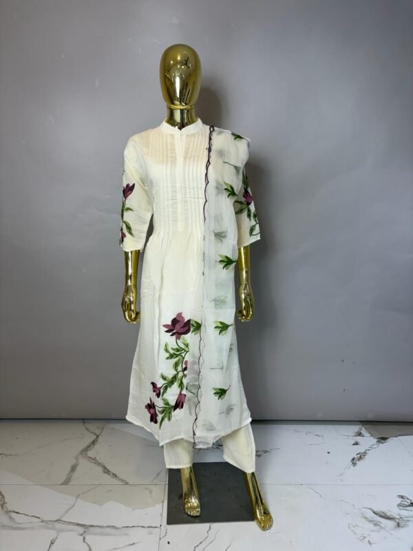 Ivory Cream Pintuck Kurta Set with Purple Floral Applique & Scalloped Dupatta