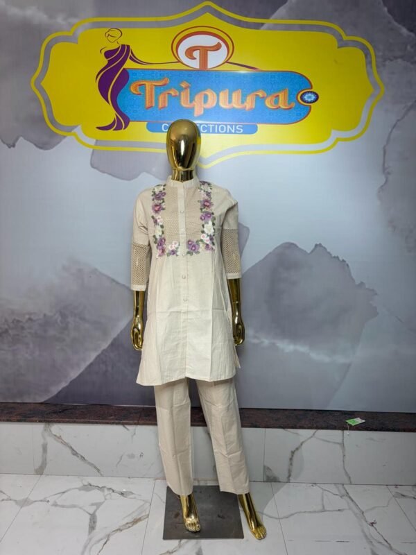 Ivory Cream Mandarin Collar Co-ord Set with Floral Applique & Net Sleeves