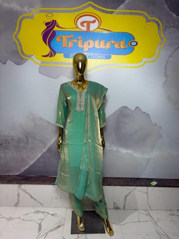Seafoam Mint Tissue Silk Kurta Set with Intricate Zari Zardosi Neckline