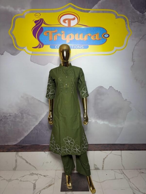 Olive Green Pintuck Kurta Set with White Floral Outline Embroidery