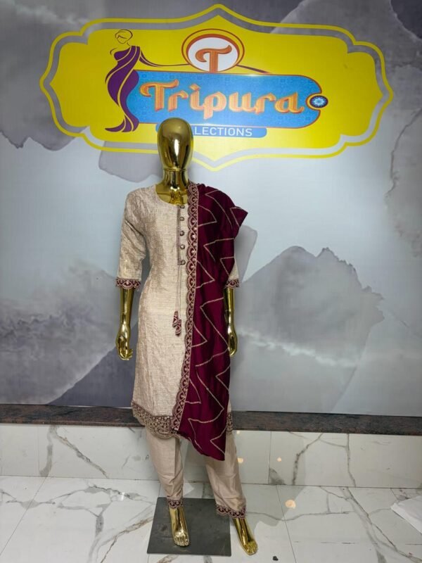 Champagne Gold Self-Weave Kurta Set with Wine Banarasi Dupatta
