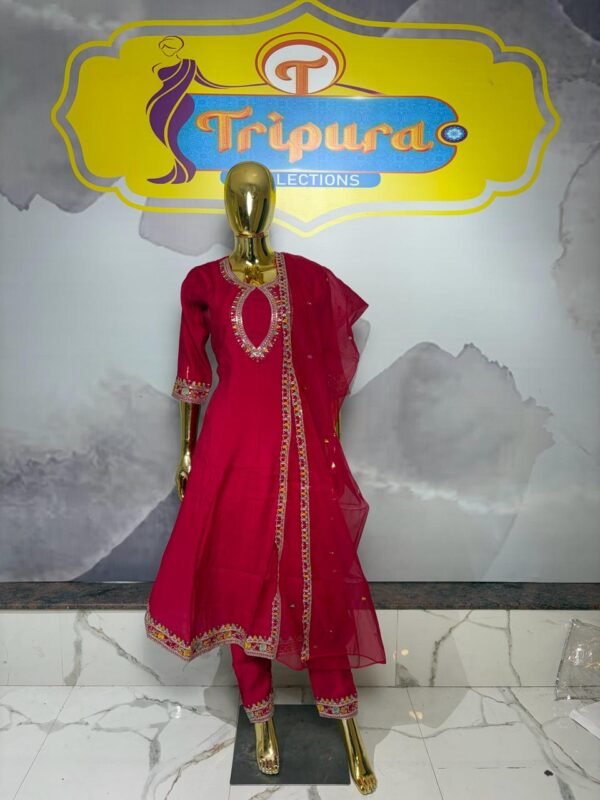 Fuchsia Pink Anarkali Suit Set with Intricate Mirror Work & Keyhole Neckline