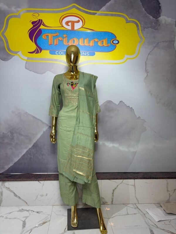Sage Green Chanderi Kurta Set with Zari & Embroidered Bird Motif