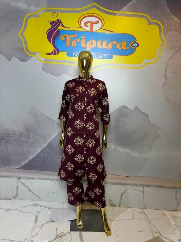 Wine Burgundy Ikat Geometric Print Co-ord Set with Mandarin Collar