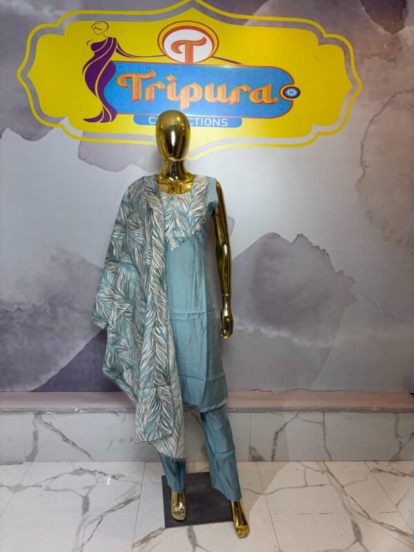 Powder Blue Straight Kurta Set with Contoured Leaf-Print Overlay & Dupatta