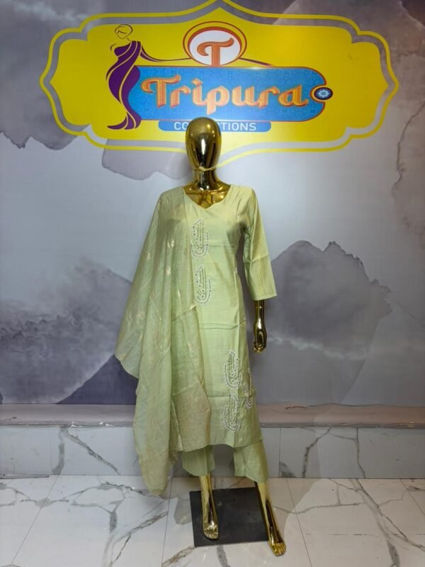 Pastel Lime Green Silk Kurta Set with Intricate White Paisley Embroidery