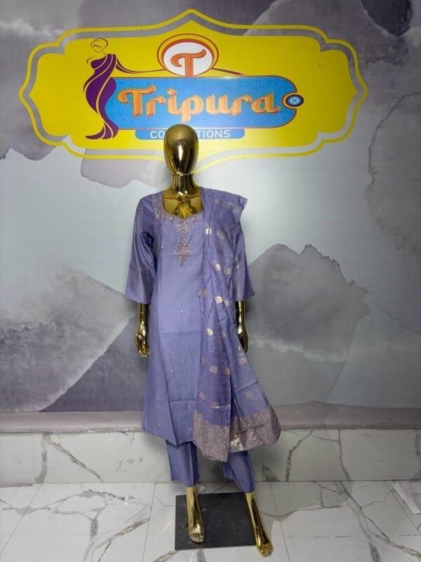 Periwinkle Lavender Silk Kurta Set with Delicately Embroidered Neckline