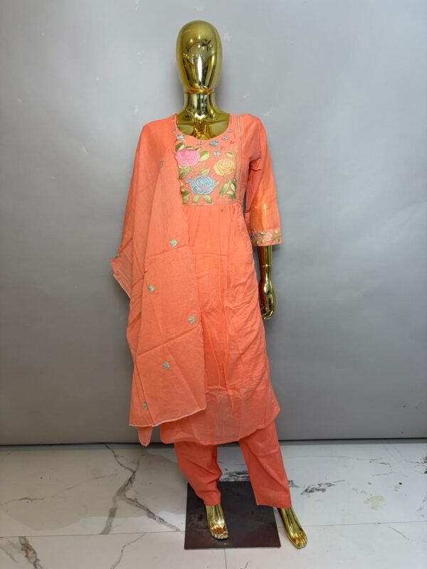 Pastel Peach Cotton-Silk Kurta Pant Set with Floral Embroidery and Sheer Dupatta
