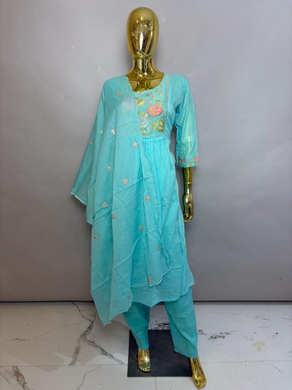 Sky Blue Cotton-Silk Kurta Pant Set with Pastel Floral Embroidery and Sheer Dupatta