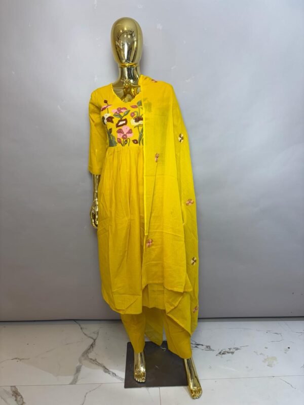 Mustard Yellow Cotton Anarkali Kurta Pant Set with Appliqué Floral Embroidery