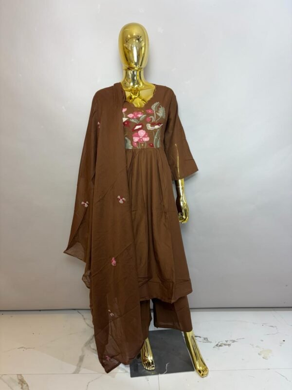 Chocolate Brown Cotton Anarkali Kurta Pant Set with Appliqué Floral Embroidery