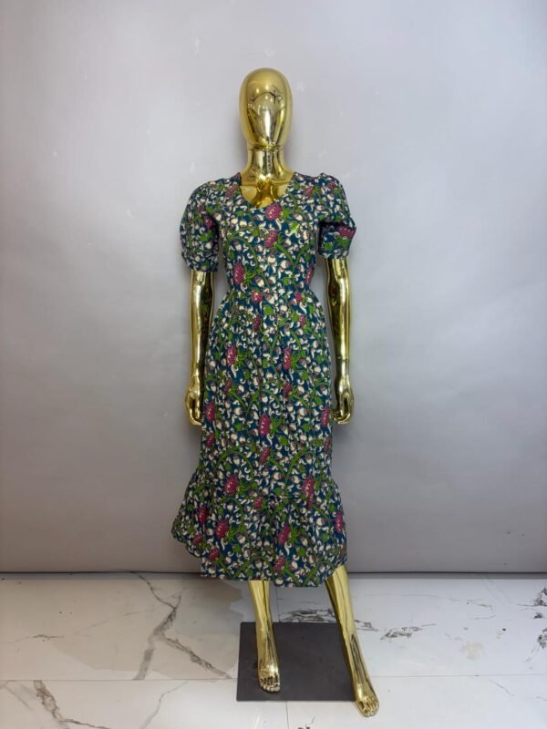 Teal & Magenta Floral Print Cotton Midi Dress with Ruffle Hem and Puff Sleeves