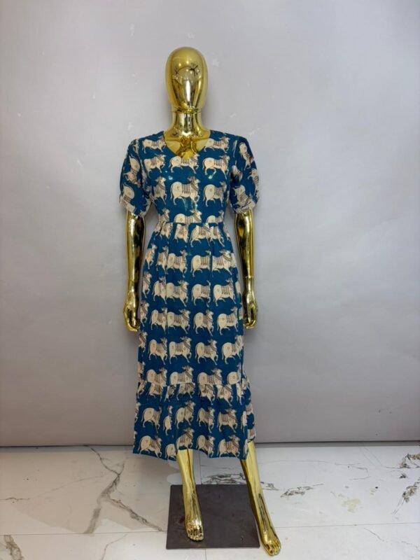 Teal Blue Cotton Midi Dress with Heritage Cow (Pichwai Style) Print