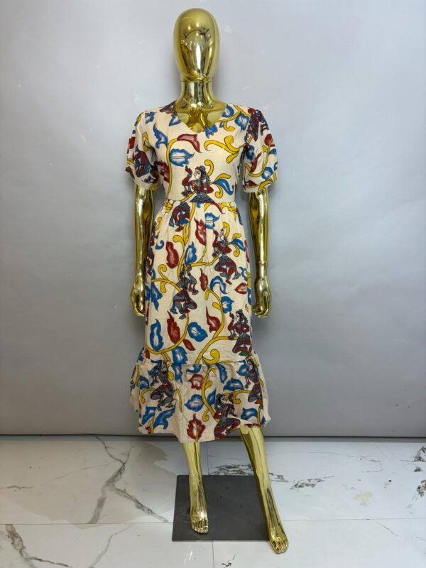 Ivory Cream Cotton Midi Dress with Traditional Kalamkari Mythological Print