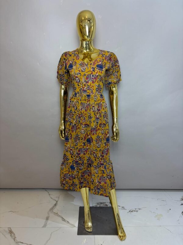 Marigold Yellow Cotton Midi Dress with Traditional Elephant & Folklore Print