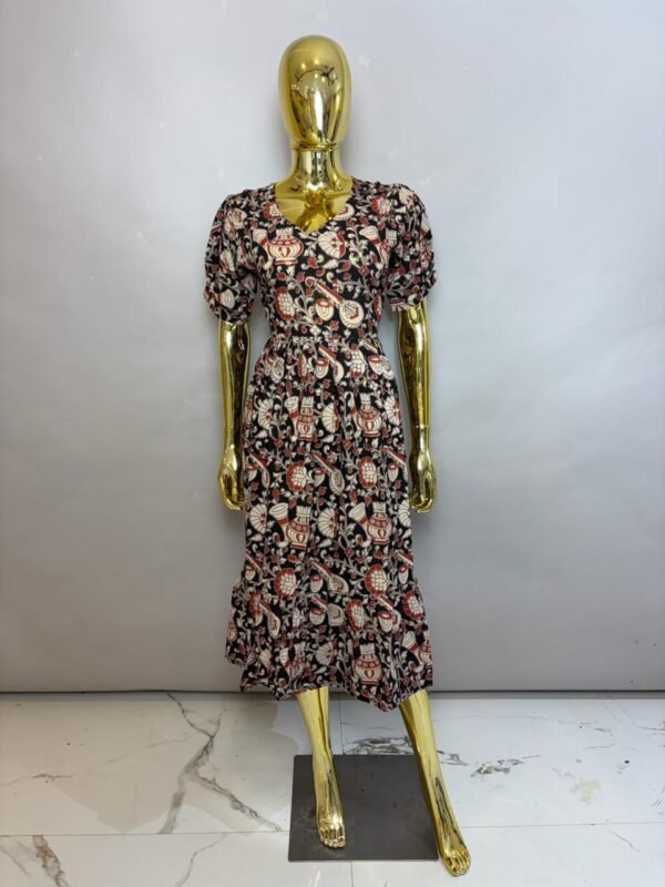Charcoal Black Cotton Midi Dress with Traditional Musical Instrument & Floral Print