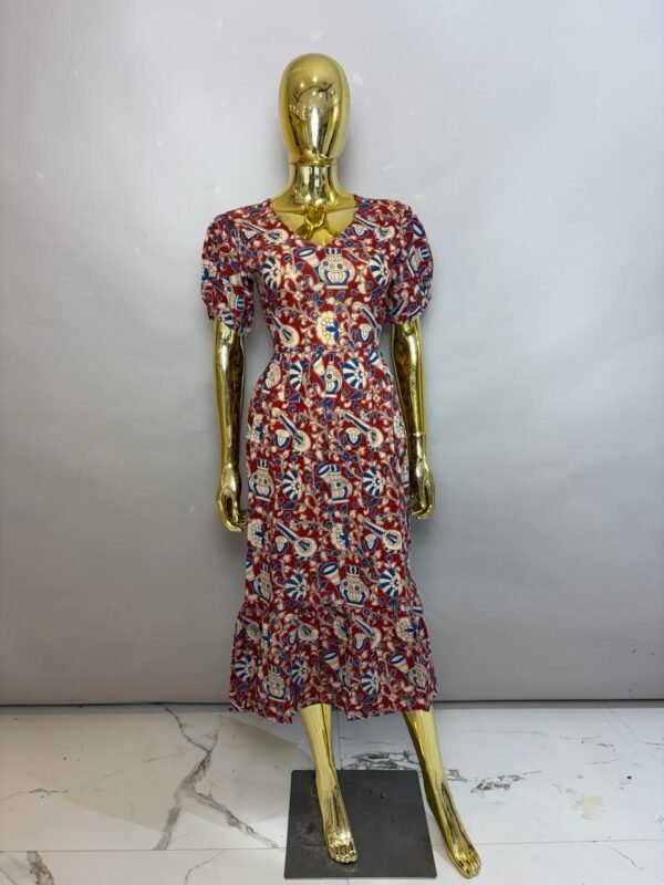 Terracotta Red Cotton Midi Dress with Royal Musical Motif & Floral Art Print