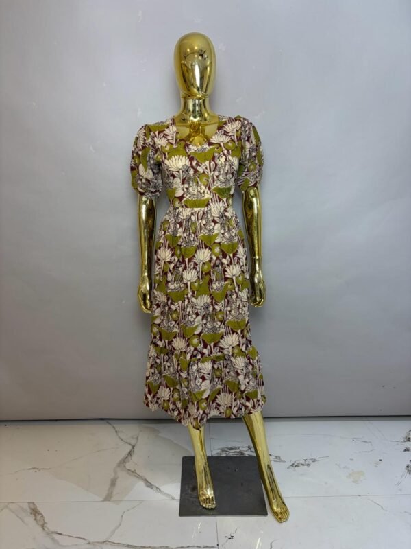 Olive Green & Ivory Cotton Midi Dress with Traditional Lotus and Vine Print