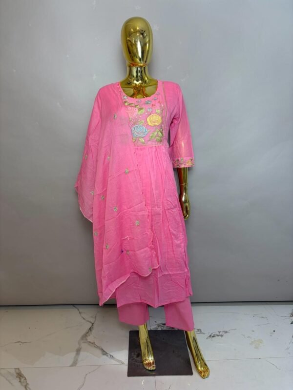 Bubblegum Pink Cotton-Silk Kurta Pant Set with Floral Embroidery and Organza Dupatta