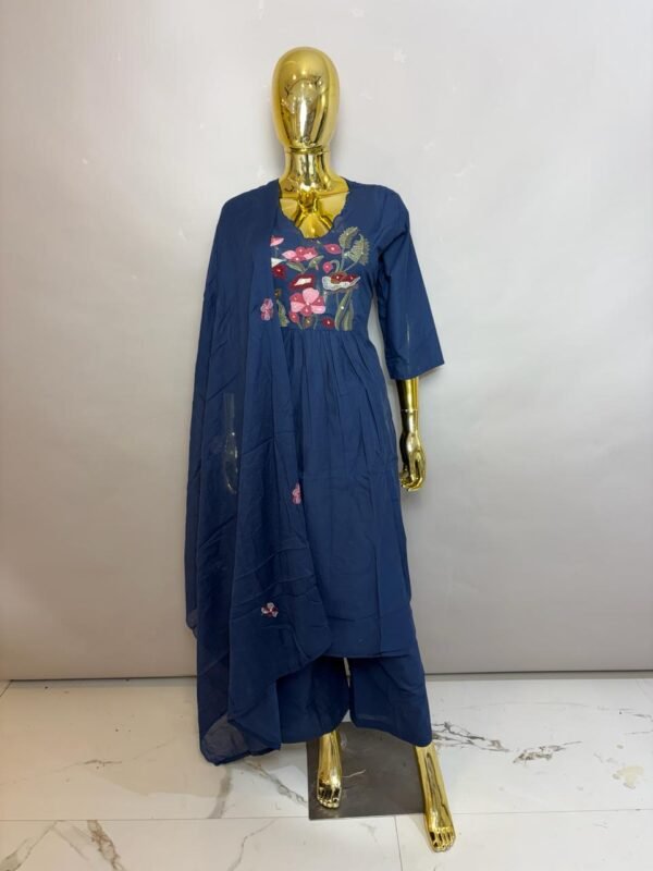 Royal Navy Blue Cotton Anarkali Kurta Pant Set with Appliqué Floral Embroidery