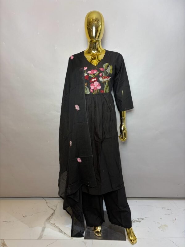 Midnight Black Cotton Anarkali Kurta Pant Set with Appliqué Floral Embroidery
